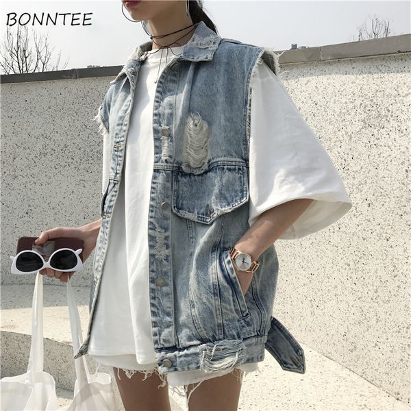 

women's vests waistcoats women female spring summer hole solid leisure womens fashion loose denim sleeveless jacket students korean chi, Black;white
