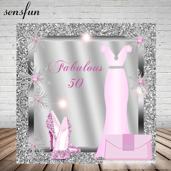 

sensfun lady women fabulous 50 birthday party backdrop pink dress glitter heels silver diamonds frame pgraphy backgrounds