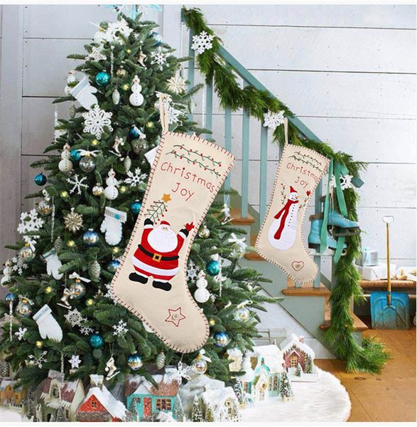 Calzini di Natale con ricamo di tela da imballaggio 46 * 18cm Sacchetto di caramelle regalo per bambini Babbo Natale Design con pupazzo di neve Calza decorativa di Natale con ricamo di tela
