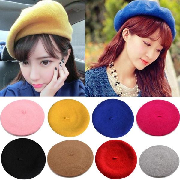 

warm faux wool beret women girls french artist beanie hat cap red black purple beige orange kawaii flat caps warmers, Blue;gray