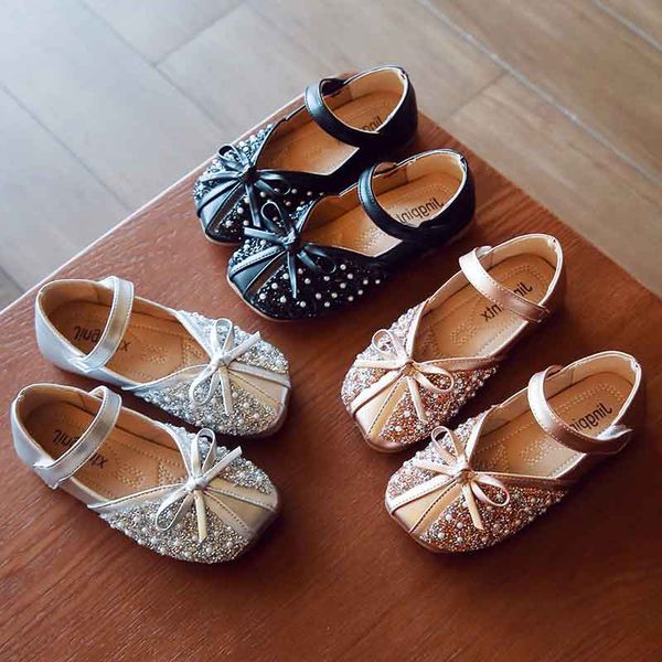 

flat shoes girls princess spring autumn beading crystal leather non-slip dress for toddler baby students moccasins, Black;grey