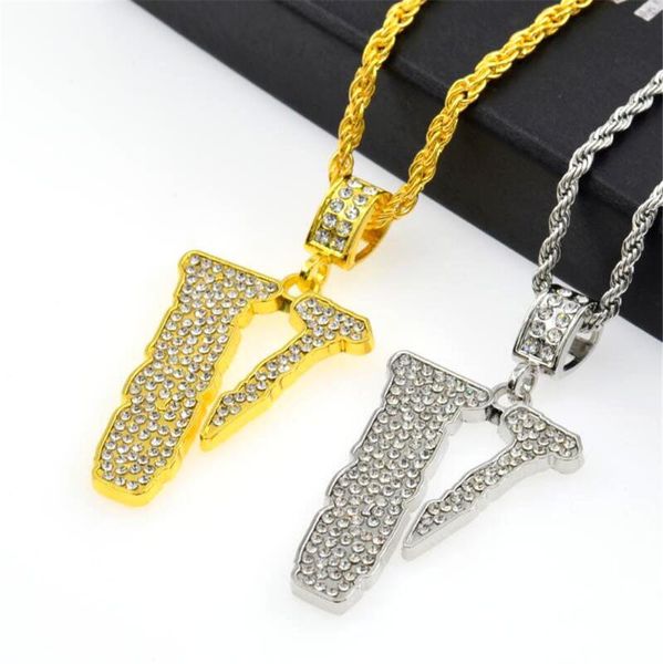 

chains necklace tide brand crystal hip hop men's pendant fashion full v-shaped trendy women jewelry gift #45, Silver