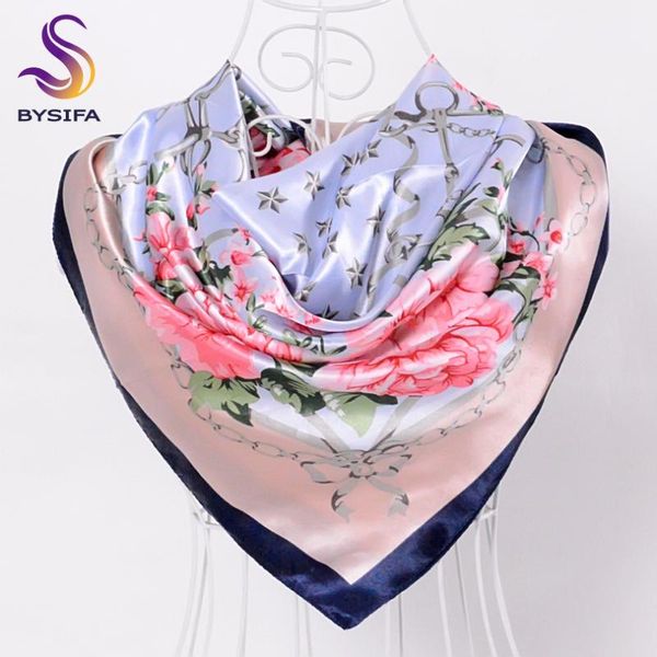 

scarves [bysifa] china silk scarf shawl for women 2021 winter peony chain design large square wraps spring autumn head, Blue;gray