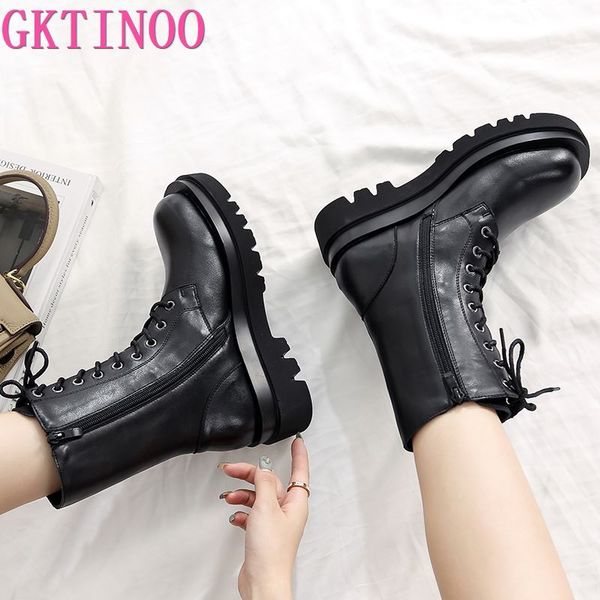 

gktinoo 2021 genuine leather boots women shoes thick sole lace up autumn winter short ankle boots for women motorcycle, Black