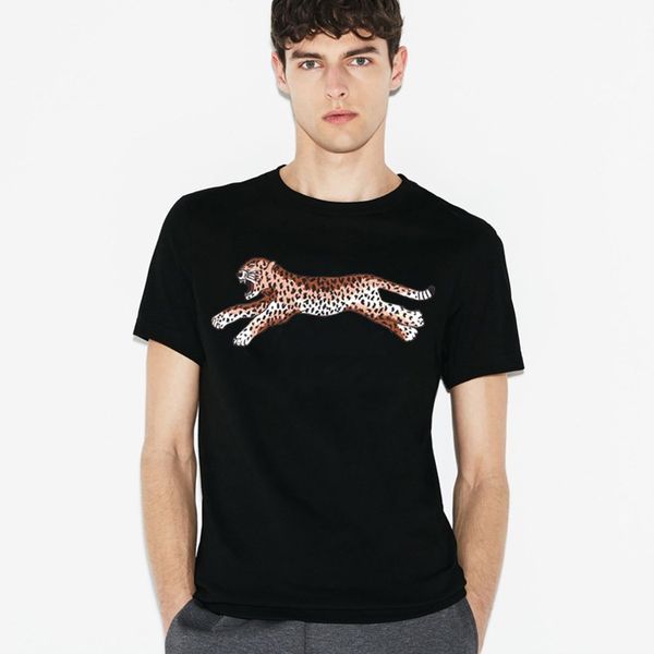 Camiseta masculina italiana com estampa de leopardo logo gola preta moletom com capuz logotipo popular feminina versátil gola redonda manga curta casual solta meia manga