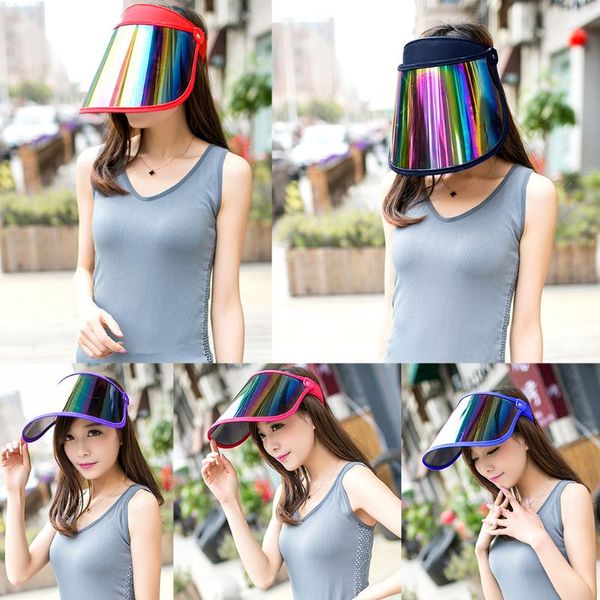 

women summer empty sun visor hat rainbow plastic panel uv protection adjustable angle large wide brim motorcycle beach cap, Blue;gray