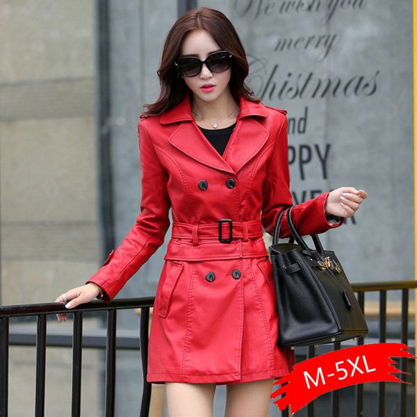 

women's jackets 2021 spring women long leather jacket slim plus size bow belt motorcycle pu coat femme, Black;brown