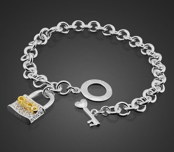 

новая индивидуальность gold lock браслет женщины простой 100% 925 стерлингового серебра ручной цепной моды марка jewelry11, Golden;silver