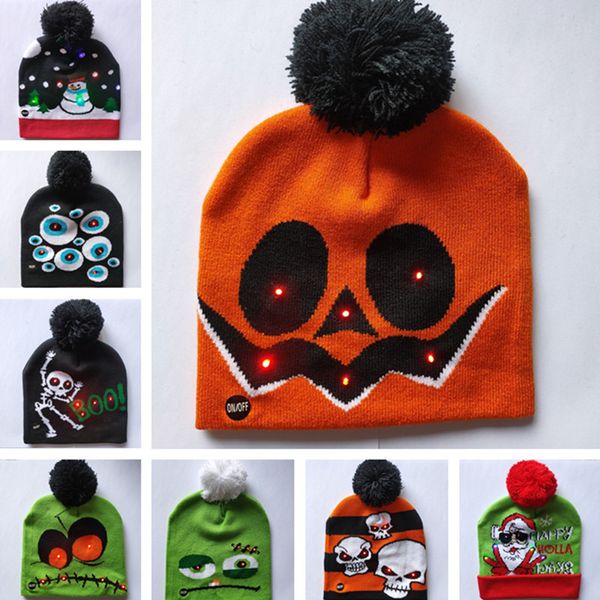 

2020 led christmas knitted hats light-up beanies winter snowman skull caps halloween pumpkin pompon ball hats home decoration gifts b82103, Silver