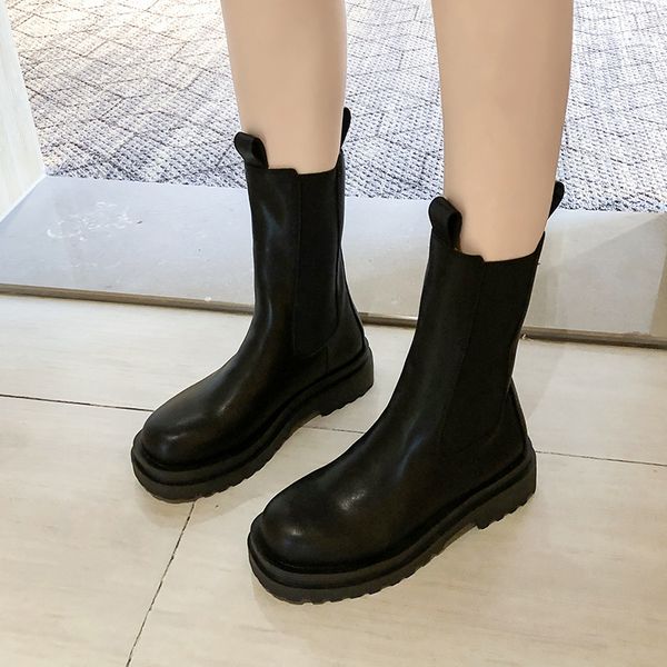 

women's mid calf boots shoes round toe boots-women luxury designer summer booties low heels booties 2020 fashion, Black