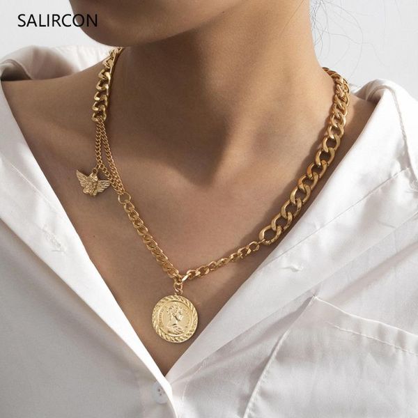 

salircon goth angel портрет монет подвеска choker ожерелье для женщин simple link chain панк цвета золота ожерелье ювелирных изделий способа, Silver