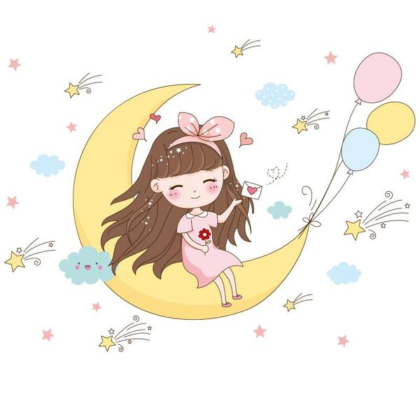 

shijuekongjian] cartoon girl wall stickers diy stars moon balloons mural decals for kids rooms baby bedroom house decoration