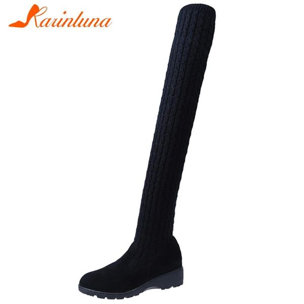 

karin brand new female 2020 strtch slim boots round toe wedges med heels thigh high women boots over the knee women shoes, Black