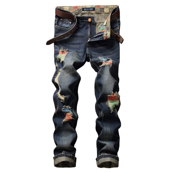 

gersri men street ripped straight jeans summer brand jeans distressed denim trousers young hole jean for male, Blue