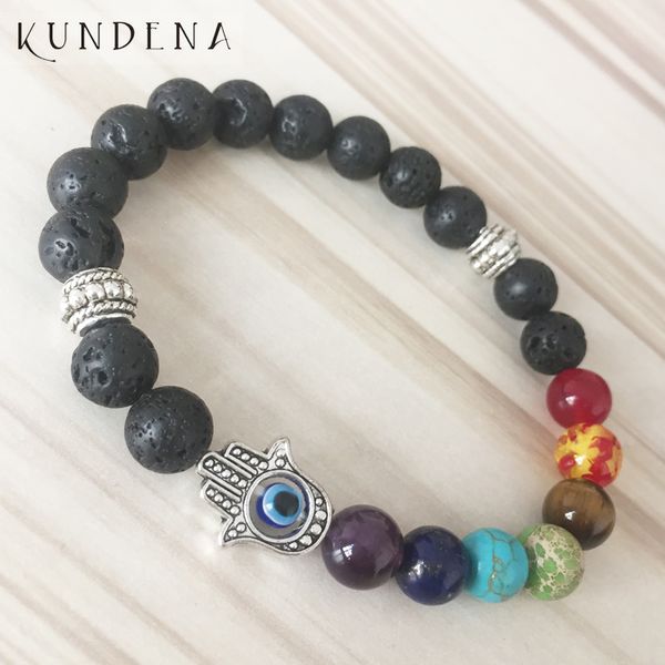 

tennis personal 7 chakra beaded hamsa bracelet men black lava rock bracelets with hand man wrist, Golden;silver