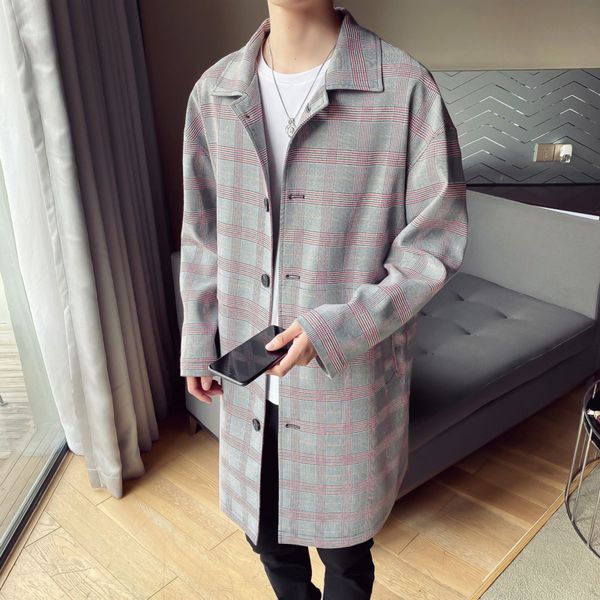 

autumn plaid trench coat men's fashion retro casual long coat men streetwear loose british style jacket windbreaker mens -2xl, Tan;black