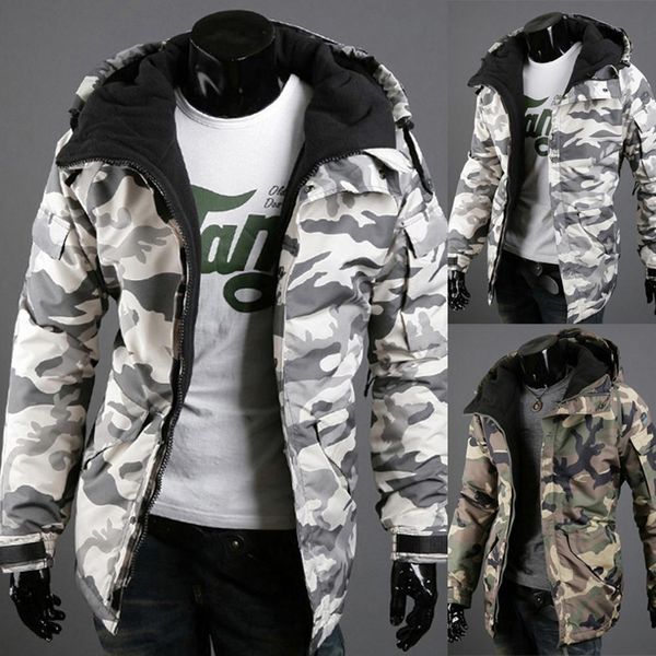 

2020 fashion winter warm men jacket coat thicken camouflage print pocket jacket zipper long sleeve coat for men's clothing, Black;brown
