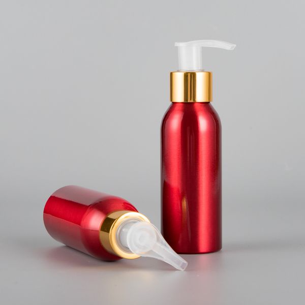 

100ml 20pcs red aluminum empty lotion bottles with gold lotion pump for shampoo, personal care cream bottle cosmetic container