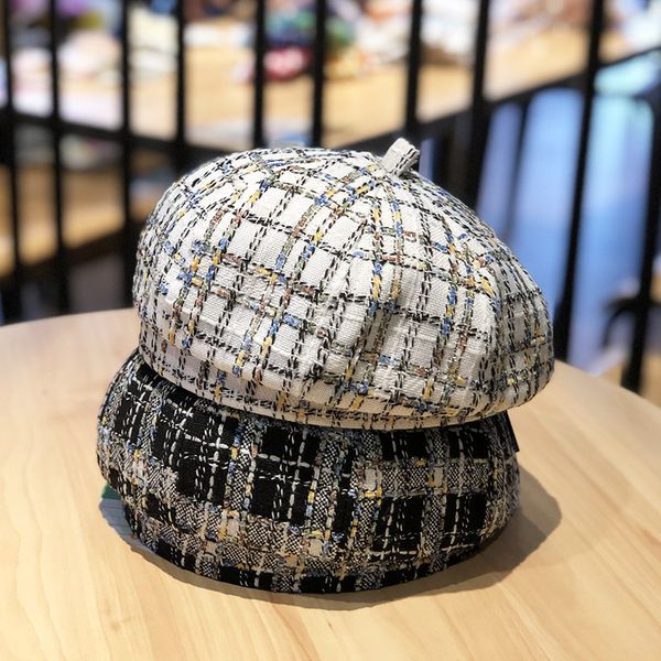 

berets 202107-meiohui autumn plaid school style beret hat men women leisure painter, Blue;gray