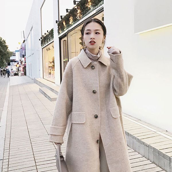 

autumn winter women wool long coat woolen coat female student korean loose thick woolen jacket woman coats winter, Black
