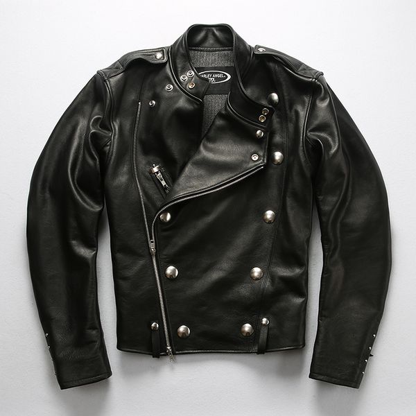 

men's leather & faux 2021 vintage genuine rivet double breasted black jacket male thick soft cowhide coats large size 4xl
