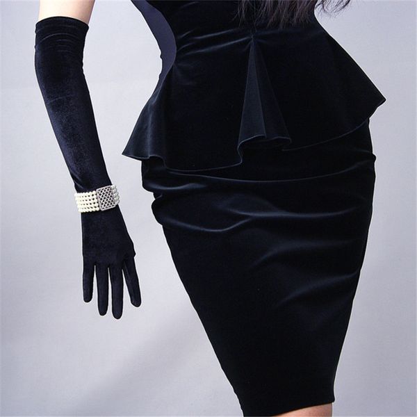 

new 50cm black velour gloves long section over elbow vintage vestido de noche high elastic black velvet female touch wsr09, Blue;gray