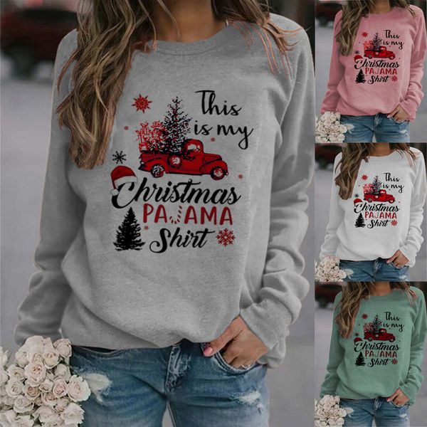 

2020 new autumn women's sweatshirts christmas women's sweater christmas car tree letter print round neck raglan long sleeve sweate, Black