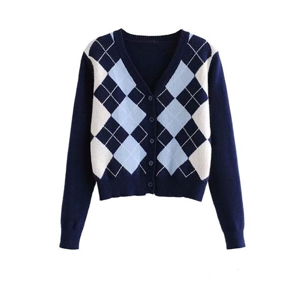 

new fashion niche retro diamond check cardigan loose-fitting slim long sleeve v-neck knit sweater, White;black