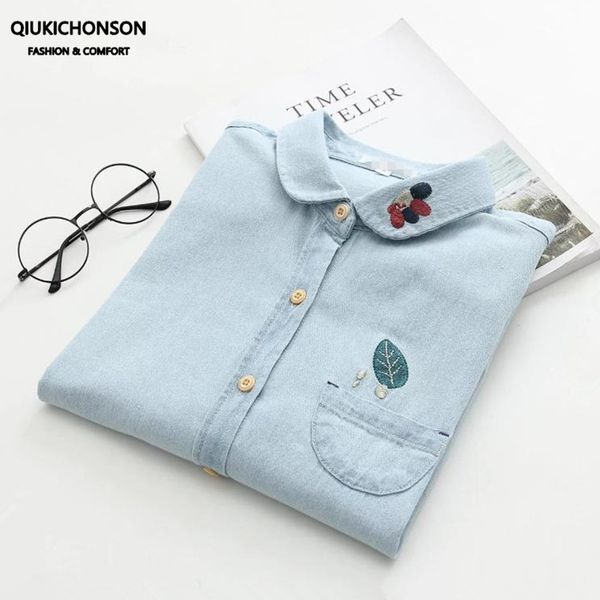 

qiukichonson long sleeve denim shirt women spring autumn preppy style flower leaf embroidery kawaii casual ladies chemisier, White