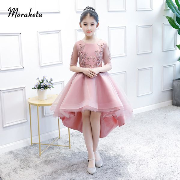 

beautiful pink flower girl dresses 2020 tulle short front long back little girl pageant dresses with beading appliques, Red;yellow