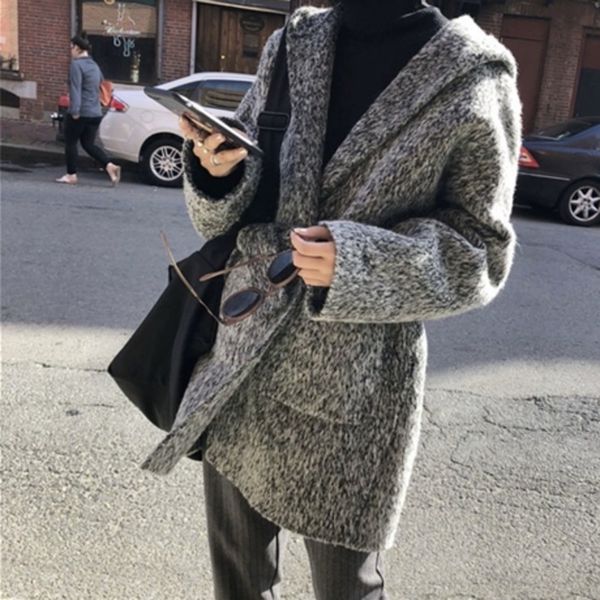 

women's wool & blends fashion tide autumn and winter casual women loose plus solid color double-sided woolen hooded belt coat tc779, Black