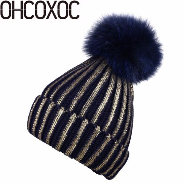 

beanie/skull caps fashion women winter hats with fur pompom real animal ball hat keep warmly brand beanies, Blue;gray