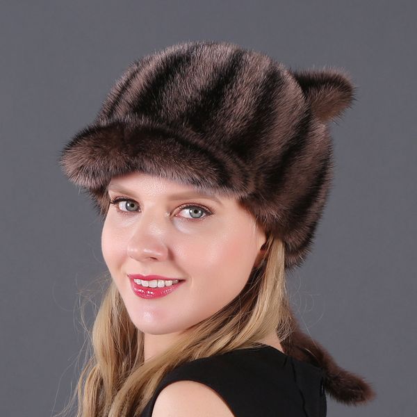 

berets winter fur hat with cat ears ladies ear protection mink vintage, Blue;gray