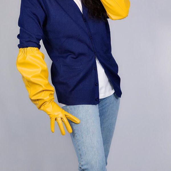 

women' faux pu leather wide sleeve long gloves female lantern sleeve elastic pu leather plus size gloves 50cm r2538, Blue;gray