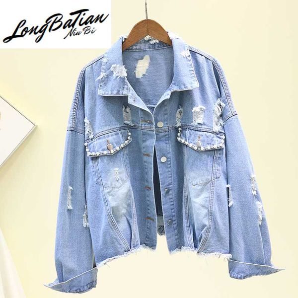 

2020 spring beading hole denim women casual outwear loose short long sleeve elastic waist jeans jacket basic coat female, Black;brown