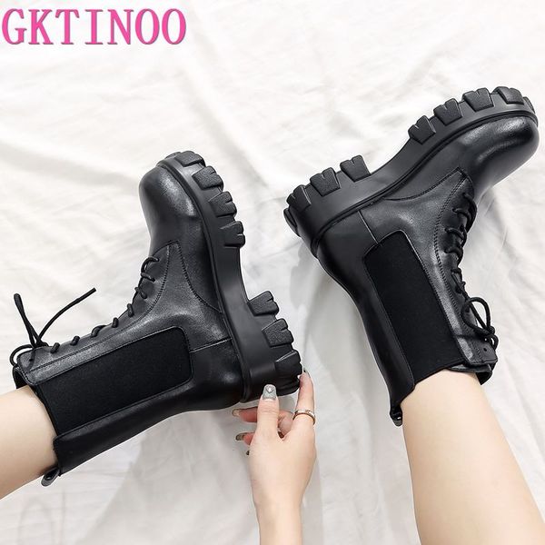 

gktinoo genuine leather short boots for women motorcycle boots chunky heels casual lacing round toe platform shoes female, Black