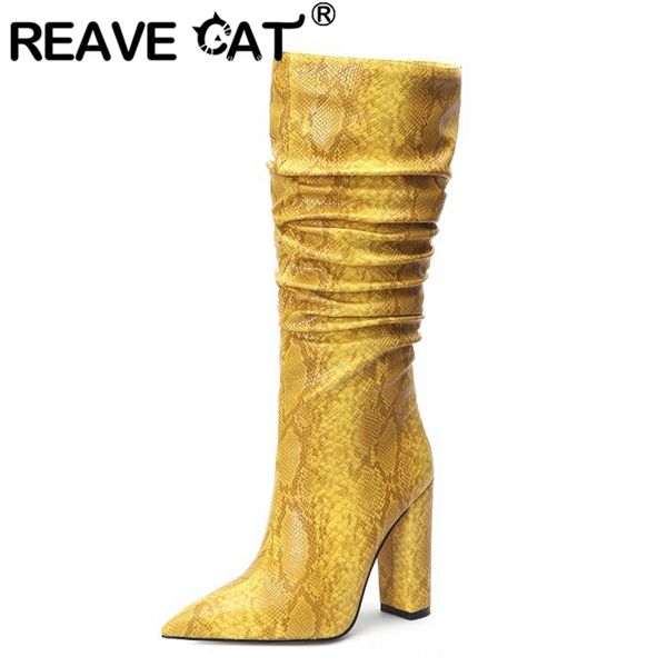 

reave cat woman slouchy knee boots pionted toe 11cm square heels slip on snake fold large size 34-45 royal blue casual a2841, Black