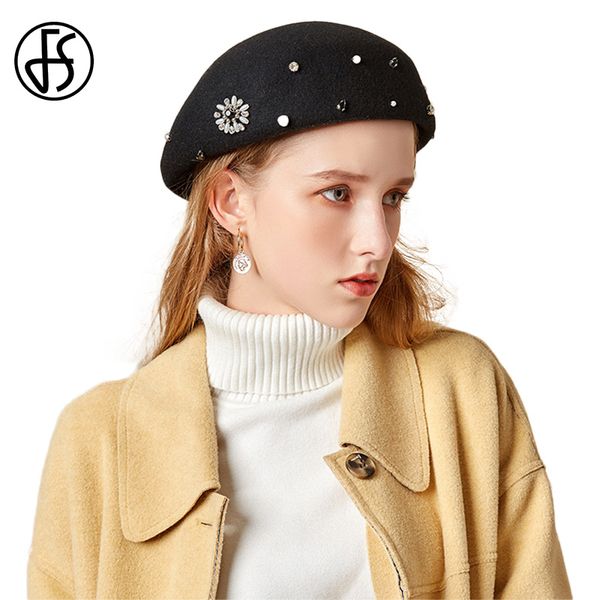 

stingy brim hats fs elegant women winter wool beret hat vintage round bowler black camel rhinestone flower girls lady felt fedoras, Blue;gray