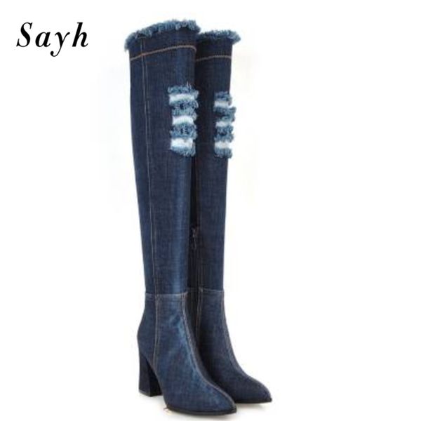 

denim over knee boots women pumps high heel boots zipper side winter ladies shoes slim thigh high denim, Black