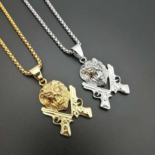 

hip hop rock gold silver color stainless steel gun lion pendants necklace for men rapper jewelry drop shipping