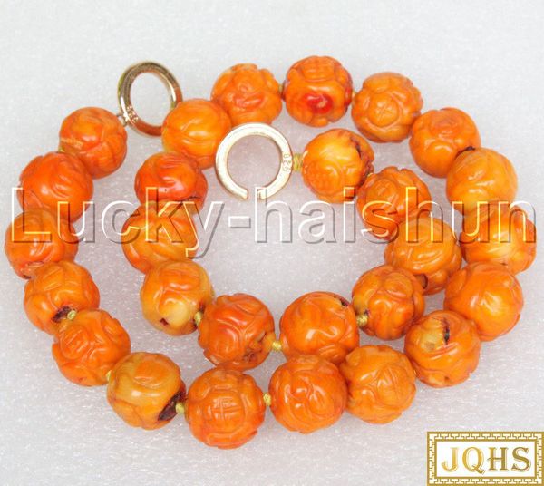 

chains jqhs 19" 16mm natural round carved yellow coral necklace j12504, Silver