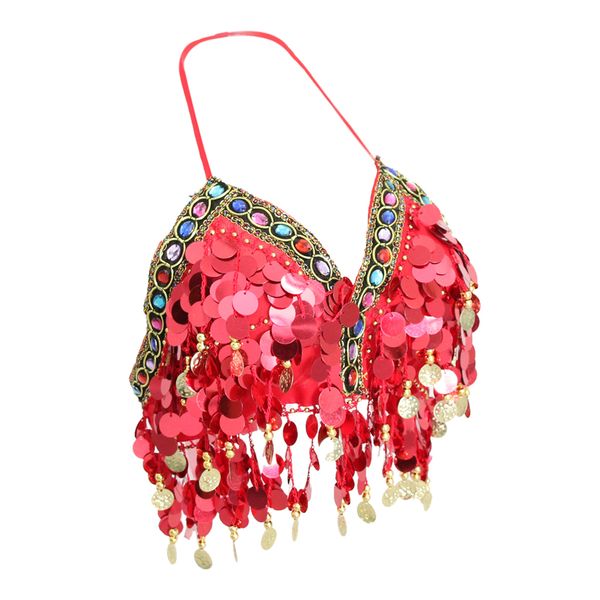 

womens sparkling belly dance bra sequins tassel coins samba dancing costume, Blue