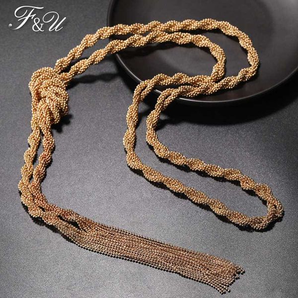 

f&u new statement collares necklace fashion beads chains vintage metal braid twist chain long necklaces&pendants jewelry, Silver