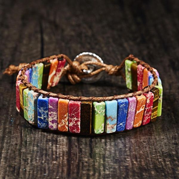 

charm chakra bracelet jewelry tube shape natural stone single leather rope wrap bracelet handmade multi color couples bracelets, Golden;silver