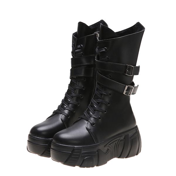 

boots 8cm platform women leather lace up fashion shoes winter, Black