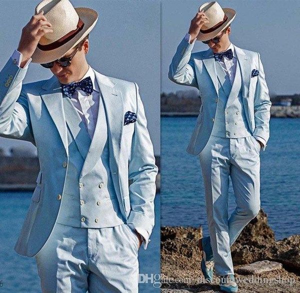 Bonito Wedding Suit Light Blue Work Man Noivo Smoking Prom Party negócio ternos feitos sob encomenda (+ Calças + Vest + Tie Jacket) J333