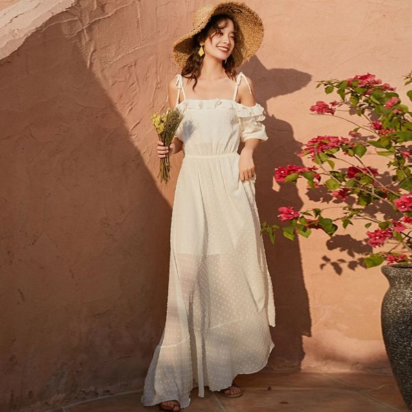 

new super fairy goddess one-line shoulder dress for women 2020 summer new slimming white holiday beach suspender suspender skirt dressdress, Black;gray