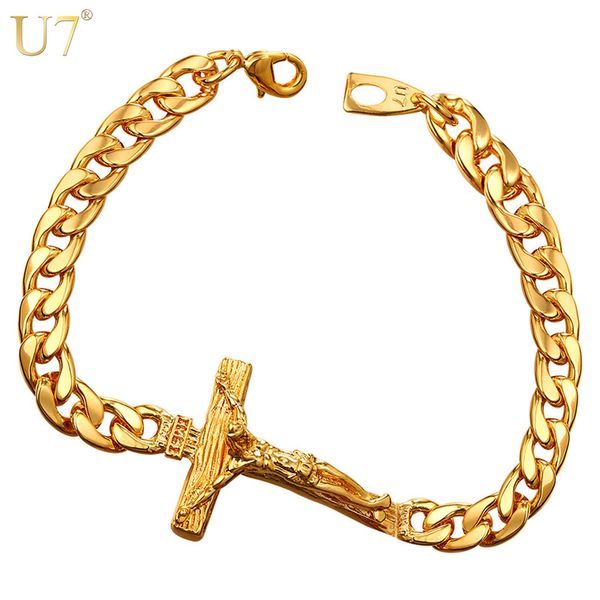 

u7 cross bracelet men jewelry silver/gold color 21cm inri crucifix jesus piece cuban link hand chain bangle christmas gift h894, Black