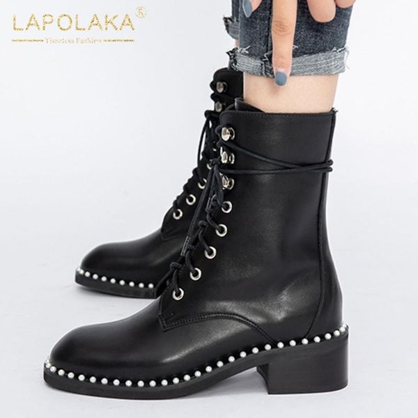 

lapolaka 2020 fashion new ankle boots women shoes thick heels pearl lace up comfortable office work boots female, Black