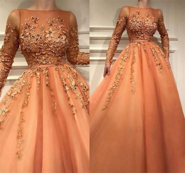

2020 orange prom dresses illusion sheer scoop neckline long sleeves evening gown lace beaded tulle a-line formal girls party dresses, Black;red